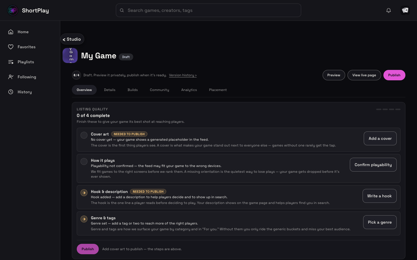 A never-published draft game's manage page: "Draft. Preview it privately, publish when it's ready." with Preview and Publish buttons together