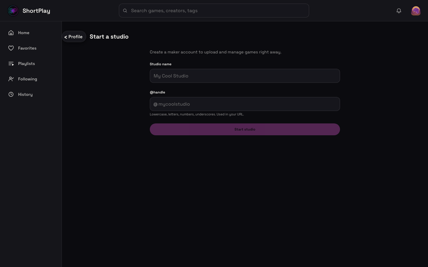 The "Start a studio" form: display name and @handle fields, with a Continue button