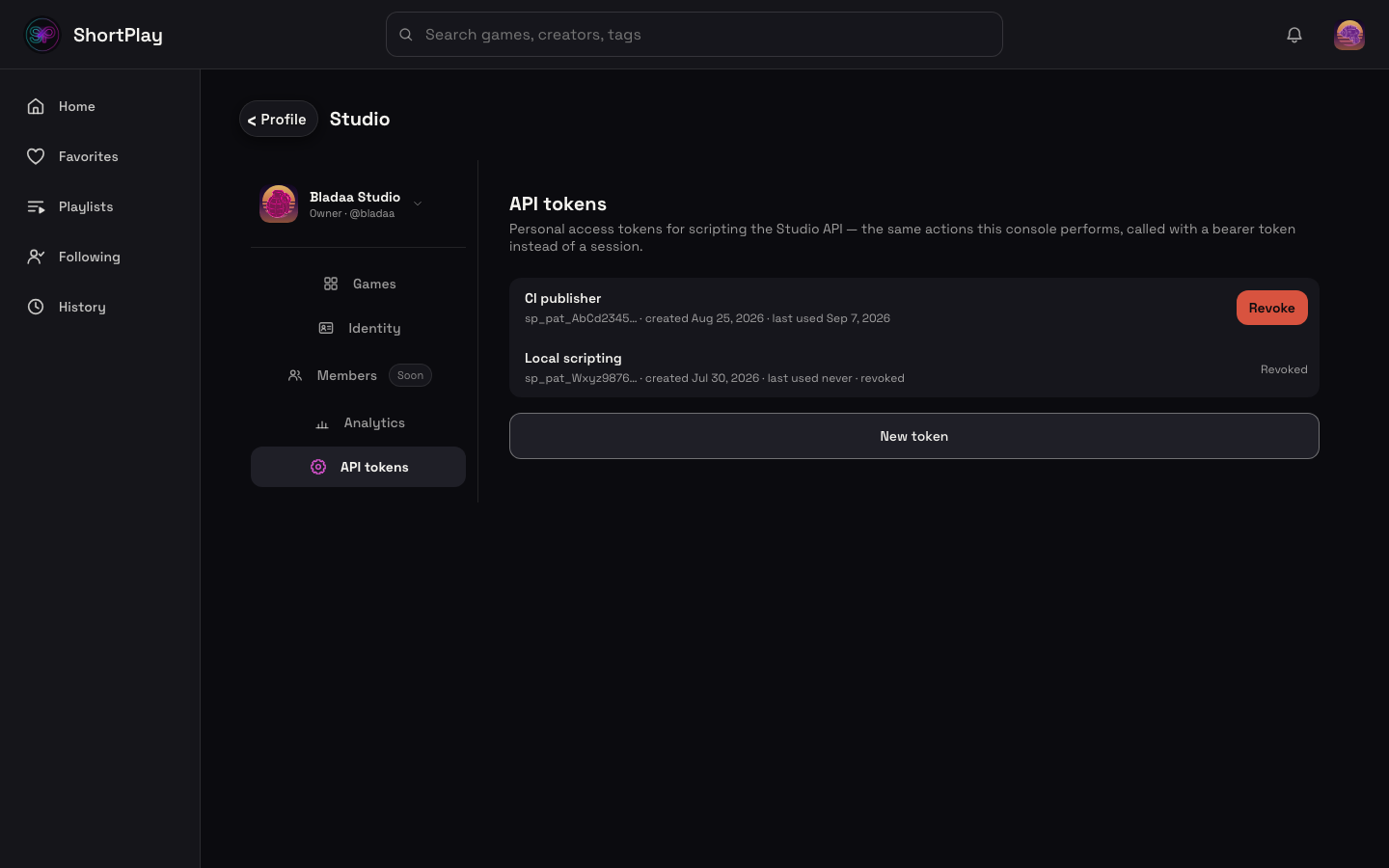 Studio Settings — API tokens panel, showing a named token row with its prefix, created/last-used dates, and a Revoke button, plus a New token button