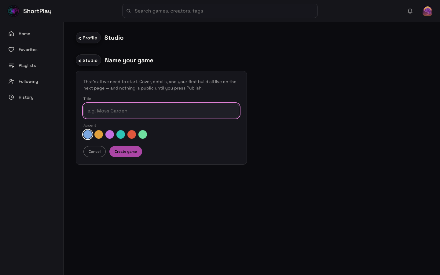 Starting a new game upload, desktop — name it and pick an accent color to create the draft, then continue into the cover/bundle/confirm steps. Desktop only today; mobile shows a "continue on desktop" handoff card instead
